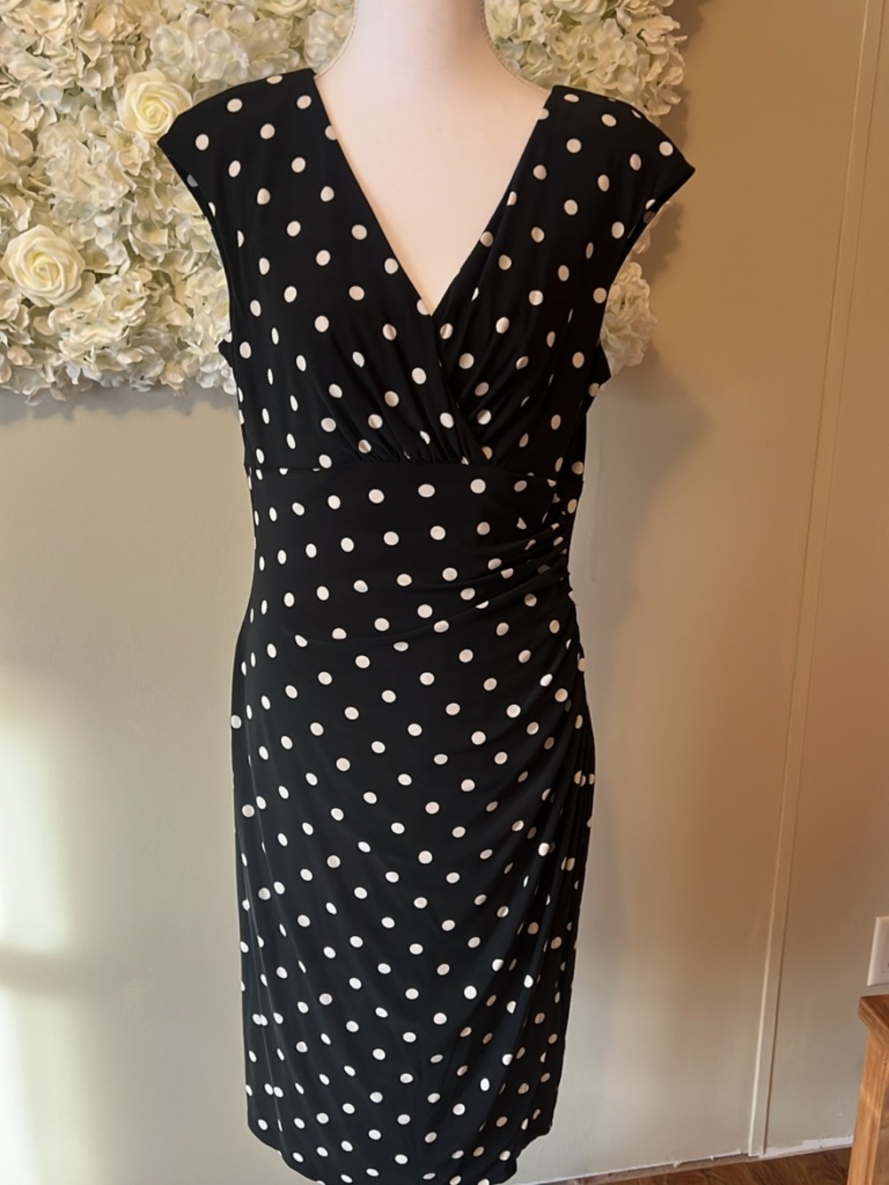 Ralph Lauren Black and White Polka Dot V-Neck Sheath Dress